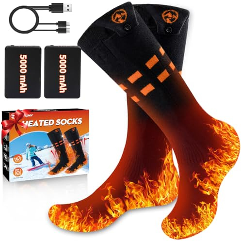 Multper Beheizbare Socken Damen Herren, 5V 5000mAh Wiederaufladbare Heizsocken, 3 Heizstufen Beheizte Socken, Fußwärmer Warme Socken für Outdoor Skifahren Radfahren Winter Camping Wandern