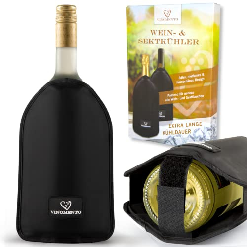 VINOMENTO Kühlmanschette Wein mit Flaschensicherung, schwarze Flaschenkühler Manschette, Weinkühler Manschette, Kühlmanschette Flasche, Weinflaschenkühler, Sektkühler