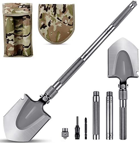 MOSFiATA Klappspaten,75cm Klappschaufel, 16 All-in-Function Survival Schaufel mit 2 Stück verstellbarem rutschfestem Aluminiumrohr, Anzug für Outdoor-Wandern, Jagen, Expedition, Garten usw