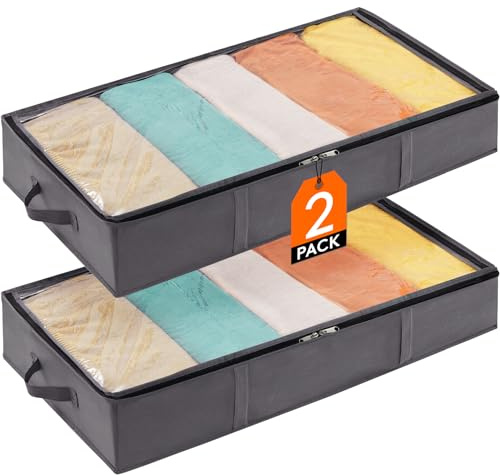 Lifewit Unterbett Aufbewahrungsbox Unterbettkommode, Faltbare Kleideraufbewahrungstasche mit Deckel für Bettdecken, Kleidung, Unterbett-Kleiderschrank, Grau, 65L, 2 Stück