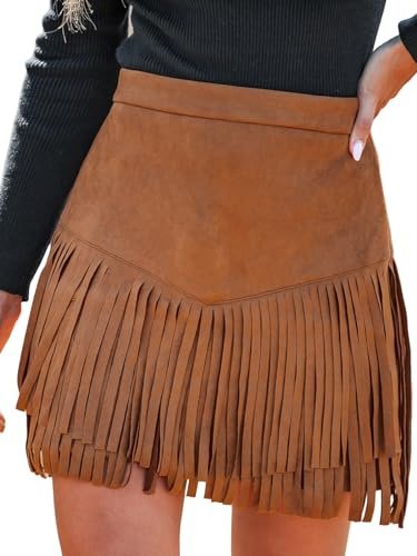 CUPSHE Damen Rock Herbst Winter Fransen Wildleder Rock, High Waist Western Outfit Minirock Mini Skirt, Braun, M