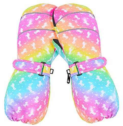 AuSletie Kinder Winter Fäustlinge Wasserdicht Schnee Ski Handschuhe für Mädchen Warm Sherpa Gefüttert Lange Manschette Snowboard Handschuhe, Regenbogen-Einhorn, Medium