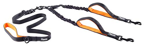 Floxik Doppelleine Komplett-Set groß | Flexible, reflektierende Premium Hundeleine für Zwei Hunde zum Koppeln mit Kurzhalter Schwarz
