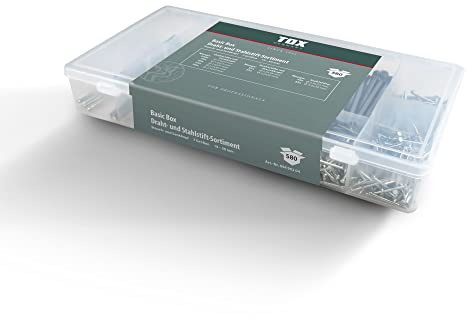 TOX Draht- und Stahlstift-Sortiment mit Stauch- und Senkkopf für vielseitige Anwendungen, Nägel in 7 Stärken und 9 Längen, ⌀ 1,4-3,0 mm, Länge 19-50 mm, 580-tlg., 09490204