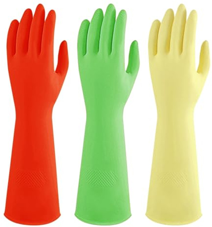 AOOPOO 3 Paare Haushaltshandschuhe aus Latex, 38cm Lange Gummihandschuhe Wiederverwendbar Reinigungshandschuhe Wasserdichte Spülhandschuhe Handschuhe für Küche, Bad, Geschirrspülen, Wäsche, Auto
