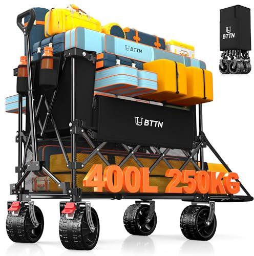BTTN 400L Doppeldecker Bollerwagen Faltbar – 250kg Traglast, Extra Lang, Klappbarer Handwagen mit Heckklappe & Geländereifen mit Bremsen, für Garten, Strand, Camping & Einkaufen – Schwarz
