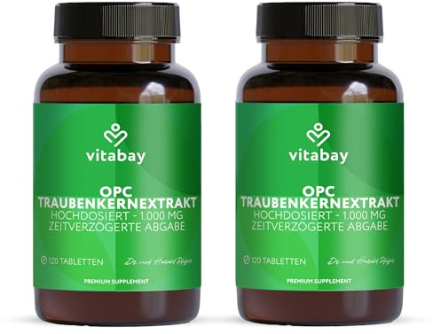 OPC Traubenkernextrakt 1000 mg – 240 vegane Tabletten – Time Released – 95% OPC Hochdosiert – Kaltwasser-Extraktion – Polyphenole aus Traubenkernen – Laborgeprüft – 4 Monate Vorrat – 2er Bundle