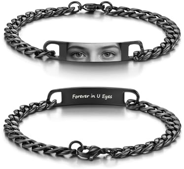 PiercingJak Paar Armband mit Augen Foto Text Gravur Herren Damen Armkette Edelstahl Panzerkette Armbänder Partnerarmbänder Liebe Schmuck Personalisierte Geschenke für Partner Pärchen Liebhaber