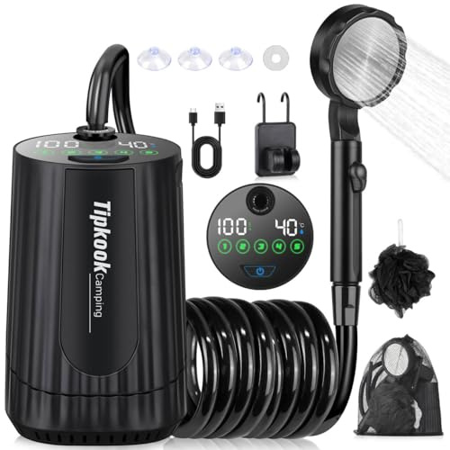 Campingdusche mit Pumpe, Tipkook Campingdusche Tragbare wiederaufladbarem 10000mAh, intelligenter Digitalanzeige, Camping Dusche mit Duschkopf und Schlauch, für Garten Reisen Haustierwäsch Autowäsche