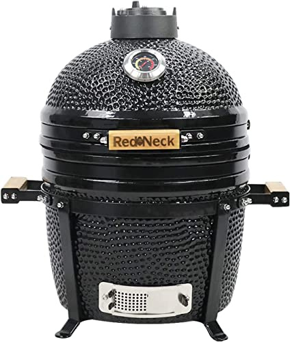 RedNeck Keramik Tischgrill (15), professioneller Grill (34 cm Grillfläche), Bambus Griff, Gussgestell, Thermometer, Spezial Dichtungen (bis zu 400°C), schwarz