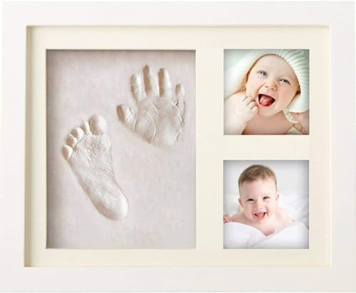 PewinGo Baby Handabdruck und Fußabdruck Set, 100% babysichere Tonmasse, Verbesserter Massivholz Baby-Erinnerungsrahmen, Geschenk zur Babyparty und Weihnachten-Weiß