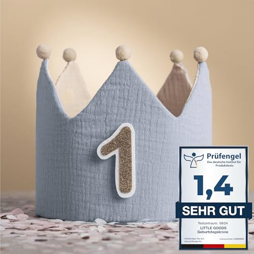 Little Goods Kinder Geburtstagskrone - wendbare Musselin-Stoffkrone mit austauschbaren Zahlen 0-9 und Schulkind Sticker - Krone für Jungen und Mädchen, Pastell - Blau - Beige