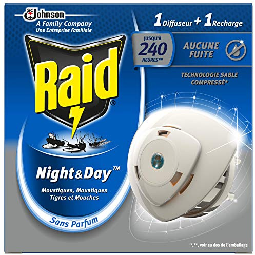 Raid Night & Day Elektrischer Diffusor Fliegen, Mücken und Tigermücken, 1 Diffusor + 1 Nachfüllpackung 240 Stunden, Verpackung kann variieren