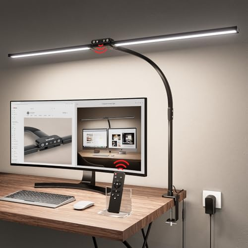 Jeebel LED Schreibtischlampe Dimmbar 24W, 1800LM 80cm Doppelkopf Schreibtisch Lampe mit Fernbedienung, Klemmbar(9,5cm), 10 Farbtemperatur 10 Helligkeitsstufe, Schwanenhals Lampe Tischlampe für Büro