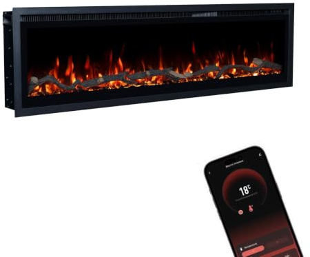 GF Core Elektrokamin Core 127 mit realistischem 3D LED-Feuer - Wand-Elektrokamin mit Heizung und Kaminfeuer, App Steuerung, Knistereffekt & Timer, max. 1800 W, 127x35x12cm