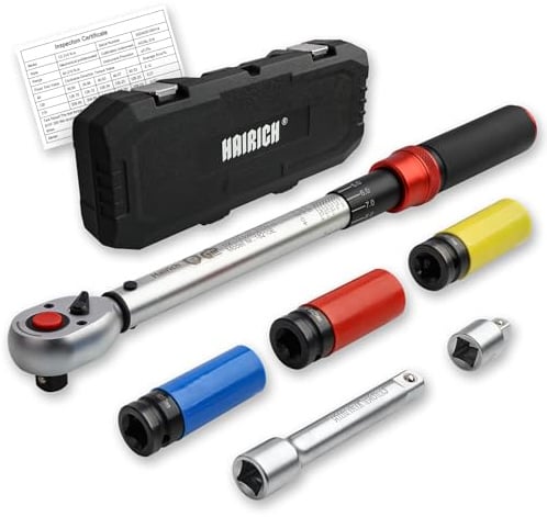 Hairich Drehmomentschlüssel Auto 1/2 Zoll, 40–210 Nm, TÜV Süd GS geprüft, 6-tlg. Drehmomentschlüssel Set mit 125 mm Verlängerung, 1/2-3/8 Adapter & 3 Stecknüssen – Für Reifenwechsel & Motorrad