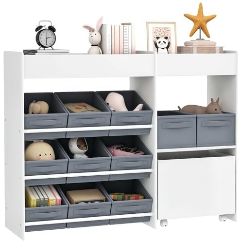 AIYAPLAY Kinderregal mit 11 Aufbewahrungsboxen Bücherregal für Kinder Spielzeug-Organizer Kinderzimmerregal mit oberen Fächern, für Kinderzimmer, Kindergarten 105 x 30 x 80 cm, Weiß