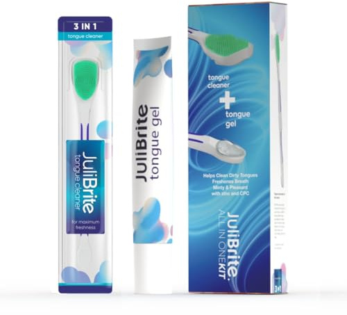 Julibrite Zungenpflege-Set | 1 Zungengel (50 ml) + 1 Zungenbürste | unterstützend gegen Mundgeruch (Halitosis) | Weiße Zunge | Frischer Atem | Zungenschaber | Zungenschrubber | Zungenreiniger