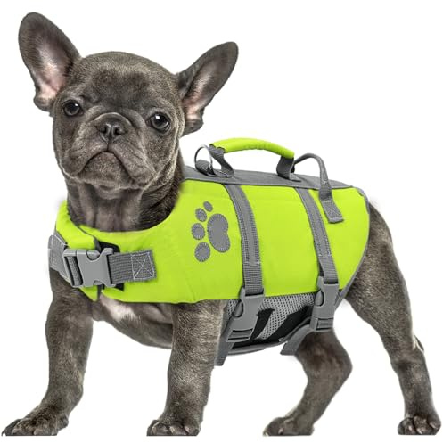 Queenmore Hundeschwimmweste Große Hunde, Ripstop Schwimmweste Hund, Verstellbare Hunde Schwimmwest Mit Griff, Reflektierende Schwimmweste Französische Bulldogge, Kajak Bootfahren, Grün, L