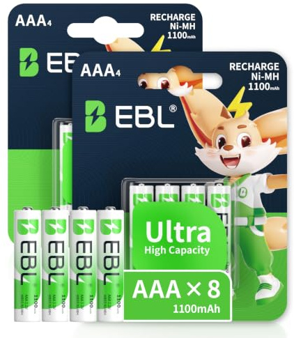 EBL AAA Akku 1100mAh 8 STÜck, 1.2V Micro AAA wiederaufladbar Batterien | 1200 Ladezyklen, langlebige Leistung, geringe Selbstentladung, perfekt für Haushaltsgeräte