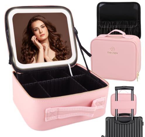 DaizySight Reise Schminkkoffer mit LED Beleuchtung Licht Spiegel, Rosa | Make up Koffer Kosmetikkoffer Tasche Damen, Schminktasche Geschenk, Mittelgröße Beautycase 26*23*11cm, Mittelgroße