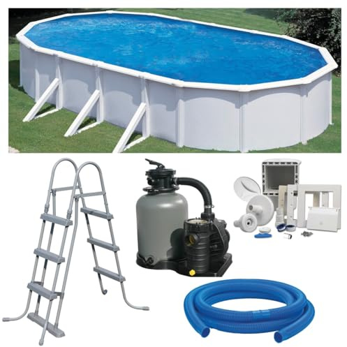 Planet Pool Premium Ovalpool-Set 7,30 x 3,75 x 1,20 m, frei aufstellbar, feuerverzinkte Stahlwand, UV-stabilisierte Innenhülle, Skimmer, Sandfilter mit 6 m³/h und 6-Wege-Ventil, Sicherheitsleiter