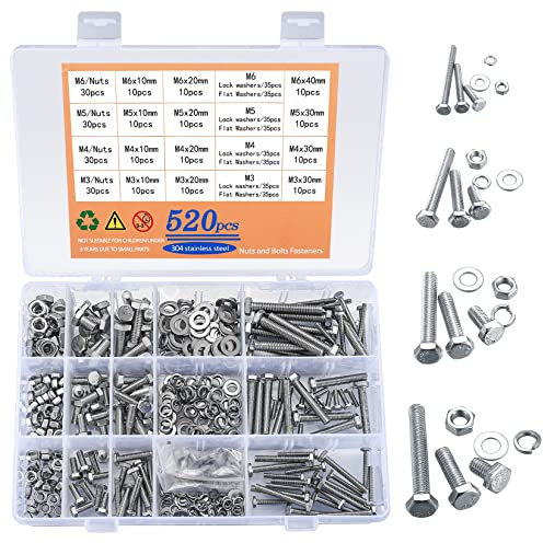 520 Stk Sechskantschrauben und Muttern Set, M3/M4/M5/M6 Edelstahl Sechskant Schrauben Muttern und Unterlegscheiben Set, Maschinenschrauben Gewindeschrauben mit Vollgewinde (Silber 520)