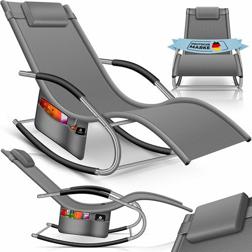 KESSER® Sonnenliege Relaxliege Schwungliege | Gartenliege | Gartenstuhl | Liegestuhl | Schaukelsessel | ergonomische Relaxsessel | Kopfkissen | wetterfest | 150 kg Belastung |Inkl. Seitentasche, Grau