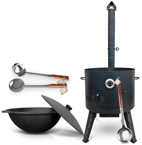Utschak Feuerofen Ø 49 cm mit Thermometer & Gusseisen Topf 22 L, Ø 52,7 cm | Kazan-Set mit Deckel | Учаг Outdoor Feuerschale & Gulaschkanone | Usbekischer Kochtopf aus Gusseisen, Gartenküche