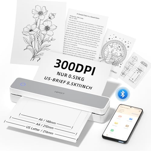 HPRT tragbarer Drucker drahtlos für Reisen, Unterstützt A4-Papier, Bluetooth-Thermodrucker kompatibel mit iOS, Android & Laptop, Tintenloses Mobile für Büro, Schule, Weiß/Grau
