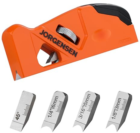 JORGENSEN Kantenhobel Holz mit 4 Schneidköpfen 45°/3/5/6mm, Fasenhobel Eckhobel für Holzbearbeitung, einfache Wechsel und Aufbewahrung Handhobel für Tischler, Schreiner, Holzbearbeiter