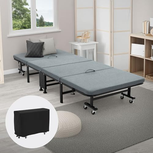 ECD Germany Gästebett 90x200 cm, Klappbares Einzelbett, Klappbett mit Matratze/Polster, Reisebett auf 8 Rädern, Stahlrahmen, Stabil bis 200 kg belastbar, Tragbares Metallbett für Kinder & Erwachsene