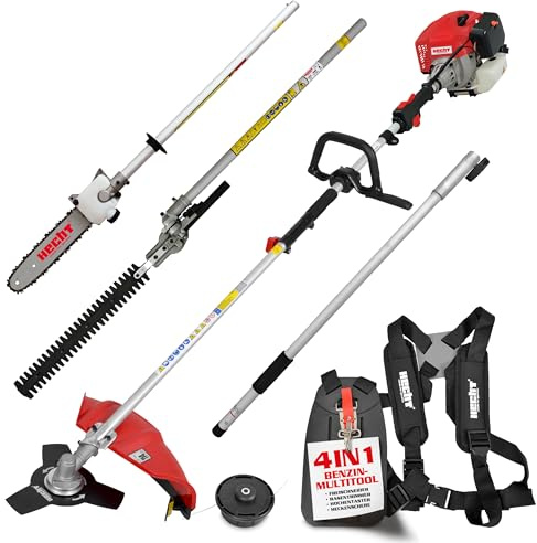 HECHT Hochwertiges 4 in 1 Benzin Multifunktionsgerät - Starke 2 PS - Freischneider, Rasentrimmer, Hochentaster und Heckenschere in Einem I Mit idealer Verlängerung