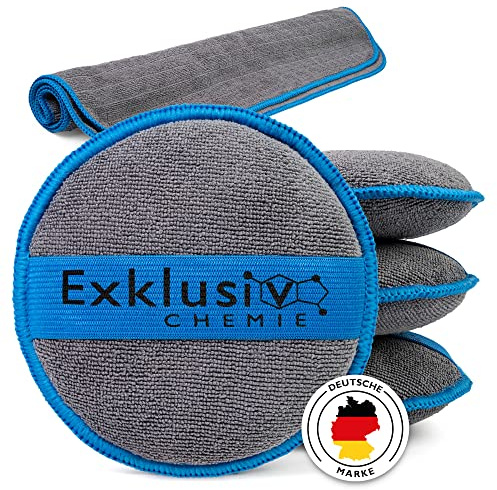 Exklusiv Chemie® 4X Handpolierschwamm Auto + Mikrofasertuch Q1 GSM 380 | Applikator Pad Mikrofaser | Auftragen von Politur, Wachs & Pflegemittel | weicher Politur Schwamm | Microfaser Pad