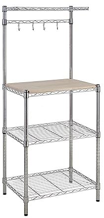 Amazon Basics 3 Küchenregal, Bäckergestell mit Holztisch, Chrom, Holz, 61 cm Chrome, Beige