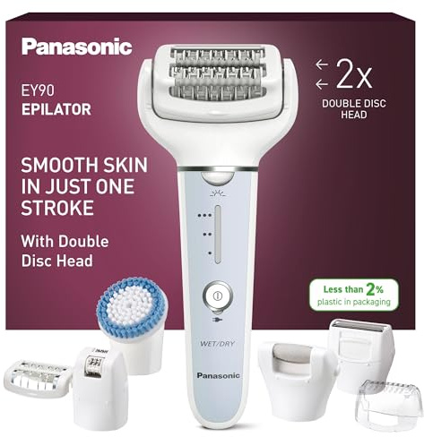Panasonic ES-EY90 Nass/Trockenepilierer Damen, Dual Disc mit 60 Pinzetten, 90° schwenkbarer Kopf, 3 Geschwindigkeiten & LED-Licht, 30 Min. Betrieb, kabellos, Haarentferner, Scher- und Fußpflegekopf