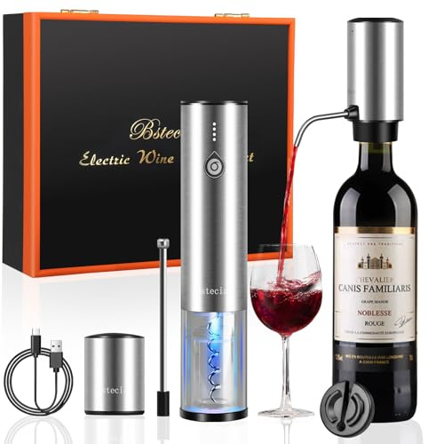 Bsteciar Elektrischer Weinkorkenzieher 4-in-1 Geschenkbox Set mit Automatischer Weindekanter & Weinöffner, Vakuumstopfen, Kapselschneider - USB-C Schnelladung für Weinliebhaber