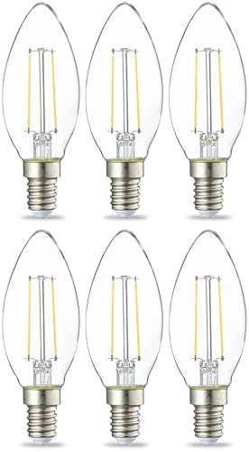 Amazon Basics LED-Leuchtmittel in Kerzenform, kleines Edison-Schraubgewinde (E14), 2.1 W (entspricht 25-Watt-Birne), klares Filament, nicht dimmbar, 6 Stück, Warmweiß