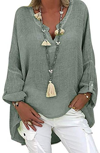 Tincini Leinenbluse Damen Bluse Sommer Tunika V-Ausschnitt Longbluse Große Größen Leinenhemd Blusenshirt Langarmshirt Leinen Baumwolle Hemd Oberteile Shirt (A Grün1, XXL)