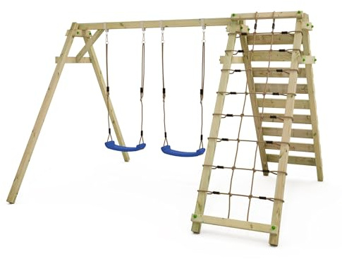 Wickey Doppelschaukel mit Kletteranbau Smart Cliff, blau – aus Holz, für Kinder im Garten