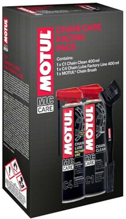 Motul Wartungsset für Motorradketten C1 C4 2X 400ml + Weiche Bürste | Kettenreiniger MC Care Chain Clean C1 + Ketten-Sprühfett für Straßen- und Renn-Motorräder MC Care Chain Lube Factory Line C4