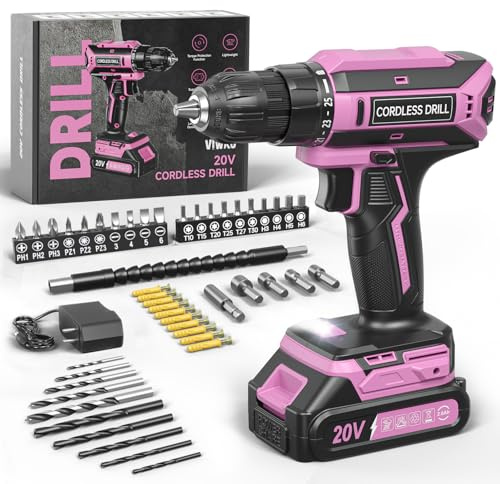 VIWKO Akkuschrauber, 20V Akku Bohrschrauber, 25+1 Drehmomentstufen Akkubohrer, 42Nm Max Drehmoment, LED, 56tlg Akkuschrauber Set für Wartungsarbeiten und Heimwerkerprojekte Rosa Valentinstagsgeschenk