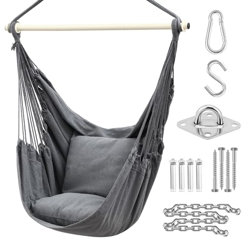 Ohuhu Hängesessel mit 2 Kissen und Deckenhaken-Kit, Hängesessel Outdoor XL Hängestuhl bis 150 kg für Erwachsene & Mädchen, Hängesitz Aufhängung Indoor Outdoor Schlafzimmer und Garten, Anthrazit