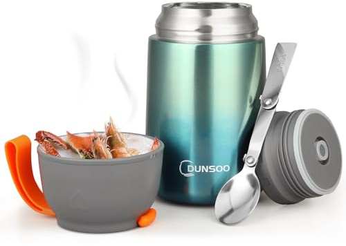 DUNSOO Thermobehälter für Essen 650ml | Wärmebehälter für Speisen Edelstahl mit Faltbaren Löffel | Thermo Lunchbox Ideal für die Aufbewahrung von Suppen, Brei, Eiscreme und Joghurt. (Grün)