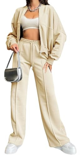 amropi Trainingsanzug Damen Jacke mit Reißverschluss und Jogginghose 2 Stück Kleidungsset Beige, M