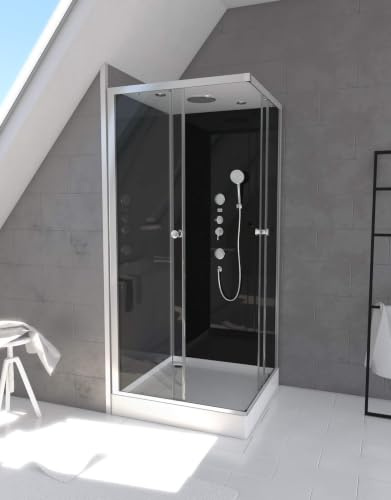 MARWELL Komplettdusche Fertigdusche Black Square 90 x 90 x 215 cm – Dusche im komplett Set inkl. Duschwanne und Armatur- Eckdusche mit Eckeinstieg