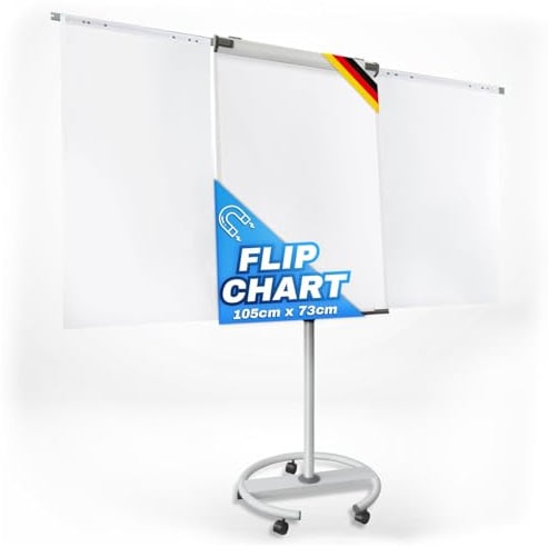 MOB Flipchart Ständer Whiteboard fahrbar mit Rollen Ständer 73x105cm | Höhenverstellbar bis 210cm, Beschreibbar, Trocken abwischbar, magnetisch, Flip Chart mit Magnettafel rollbar & Seitenarmen Shark