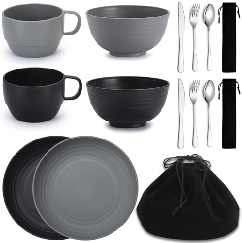 Berglander Campingbesteck Set 2 Stück, Wiederverwendbare Besteck-Sets Messer, Gabel, Löffel, Tassen und Teller und Schüsseln, tragbares Reisebesteck-Set, leicht zu reinigen, spülmaschinenfes