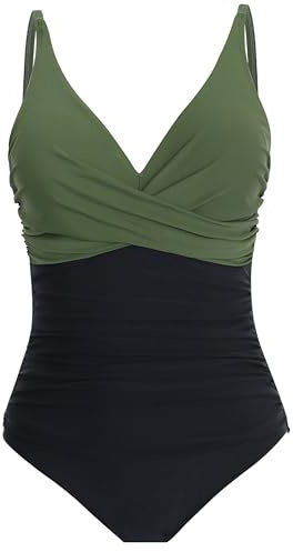 LA ORCHID Damen Badeanzug bauchweg Push up einteiliger Badeanzug bademode v Ausschnitt bademode high Waist für Urlaub Dunkel Grün mit schwarz XXL