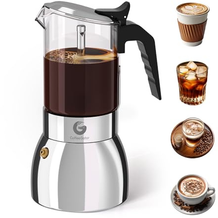 Coffee Gator Espressokocher Herdplatten, Espresso Mokkakanne aus Klarglas & Edelstahl - Kaffee Nach Italienischer Art, 9 Kaffeetassen (450 ML)